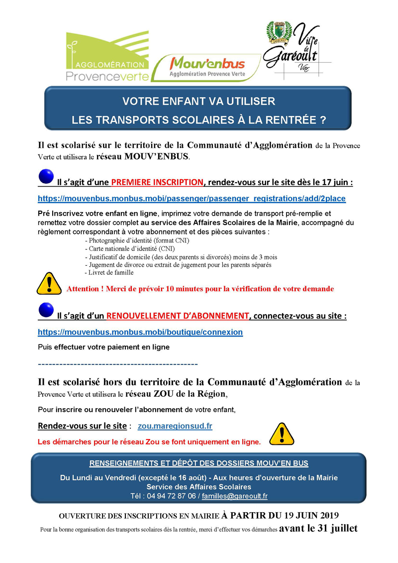 informations transports scolaires 2019 site