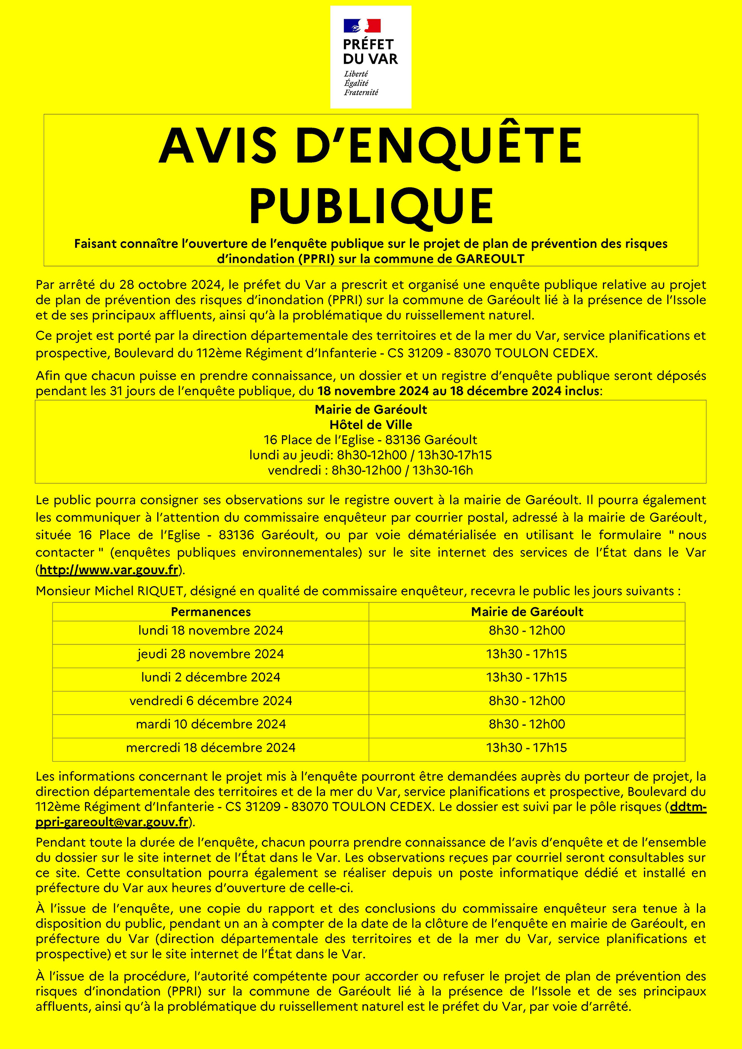 Affiche enquete publique Gareoult pour com